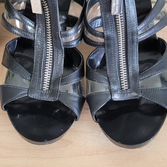 Michael Kors Berkley T Strap Black Leather PVC Front Zip Zipper Sandals Heels - Picture 9 of 16